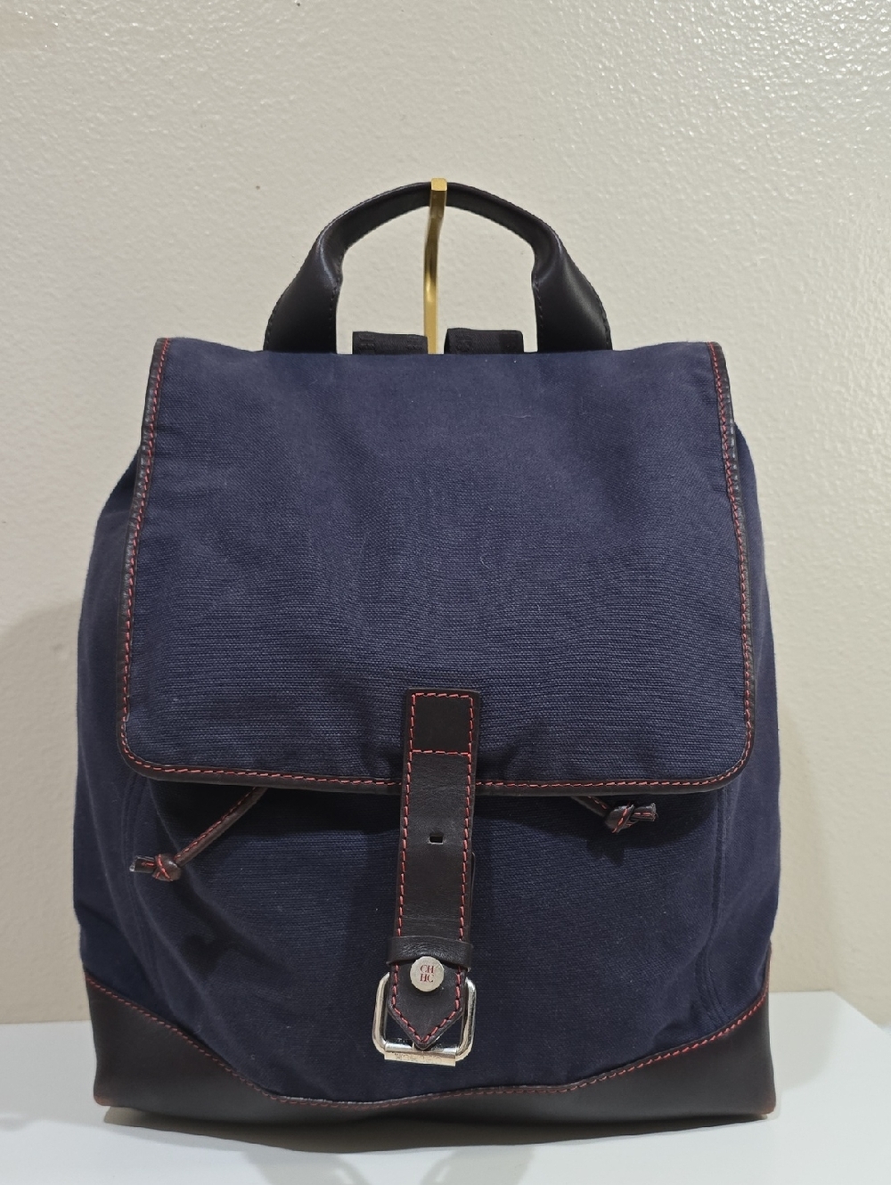 Carolina Herrera Navy Canvas Backpack with Dark Brown Leather Trim